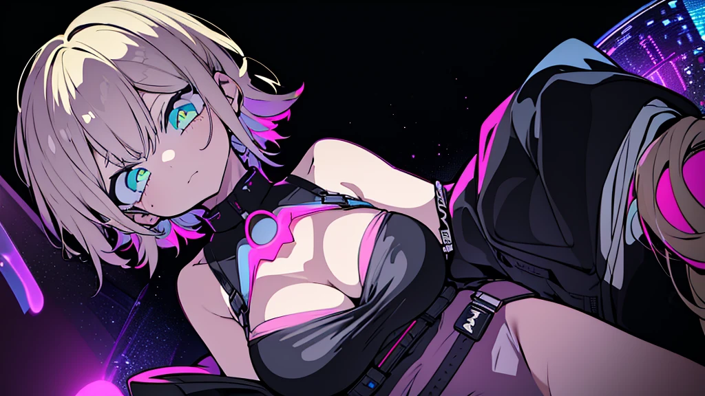Best quality, (masterpiece:1.2), best detail face, 1 girl, big breasts, 18 yo, 8k,absurdres,unity 8k wall paper,(extremely detailed:1.3), highest realistic, (soft neon light:1.1), (floating hair:1.2), (psychedelic:1.2), ((The space where RAVE is taking place)), A lazy, annoying attitude, Light clothing in summer, dark color palette, blonde mesh hair color