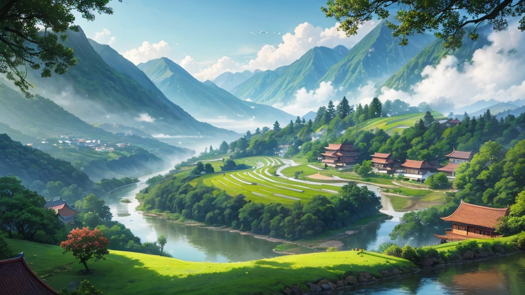 a peaceful landscape, Could be a painting, with a river flowing through the valley and traditional Asian-style houses nestled among lush green nature. The mist-covered mountains lie in the background, and there are birds flying in the sky. The scene is quiet and in harmony with nature, may attract attention for its aesthetic beauty or cultural representation. Aerial view