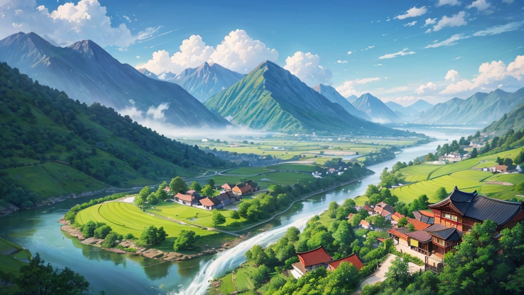 a peaceful landscape, Could be a painting, with a river flowing through the valley and traditional Asian-style houses nestled among lush green nature. The mist-covered mountains lie in the background, and there are birds flying in the sky. The scene is quiet and in harmony with nature, may attract attention for its aesthetic beauty or cultural representation. Aerial view
