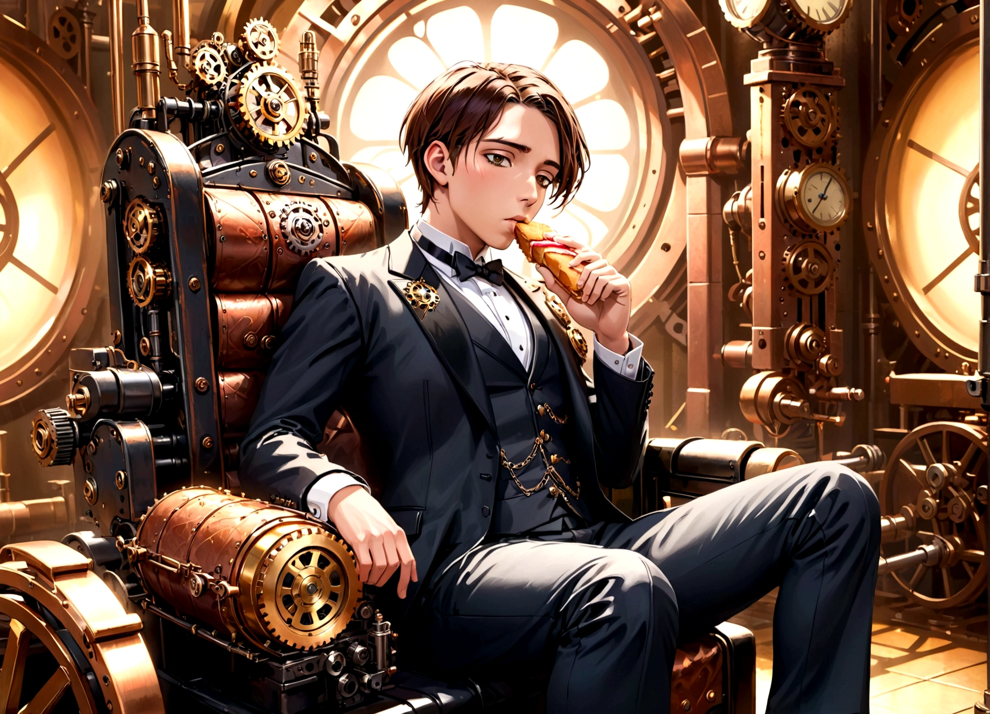 a steampunk throne of leadership, attended by several clockwork steam powered robotic attendants, a young man in a tuxedo sitting on the throne, eating fancy sandwiches, intricate gears and mechanisms, brass and copper details, warm lighting, photorealistic, cinematic angle, highly detailed, 8k, masterpiece
