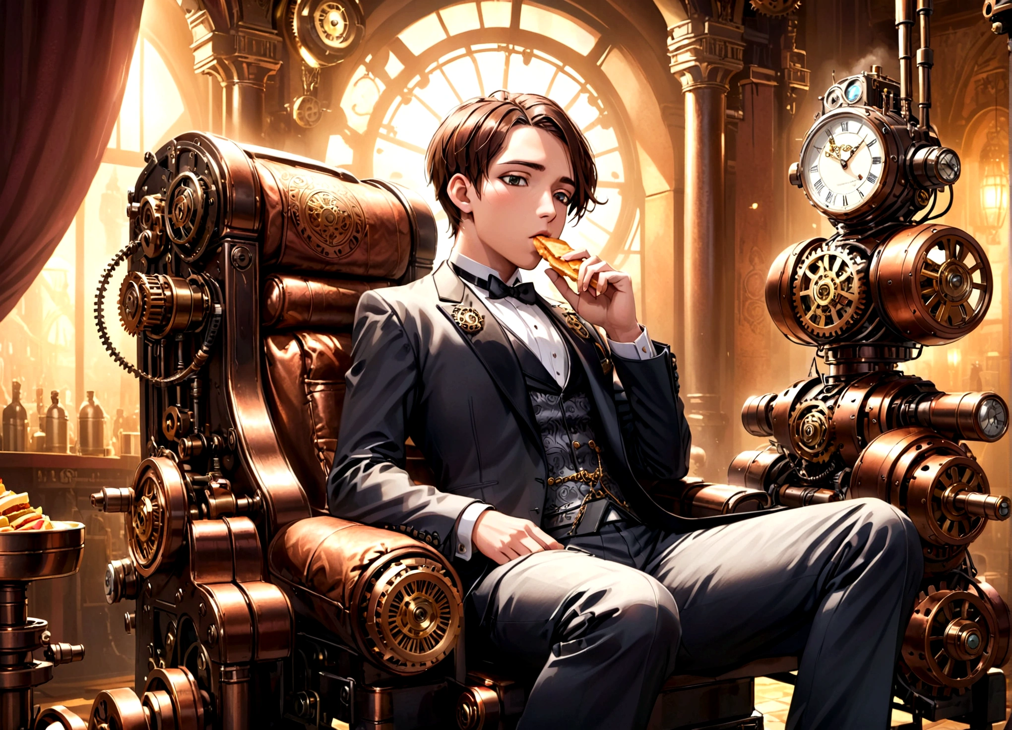 a steampunk throne of leadership, attended by several clockwork steam powered robotic attendants, a young man in a tuxedo sitting on the throne, eating fancy sandwiches, intricate gears and mechanisms, brass and copper details, warm lighting, photorealistic, cinematic angle, highly detailed, 8k, masterpiece
