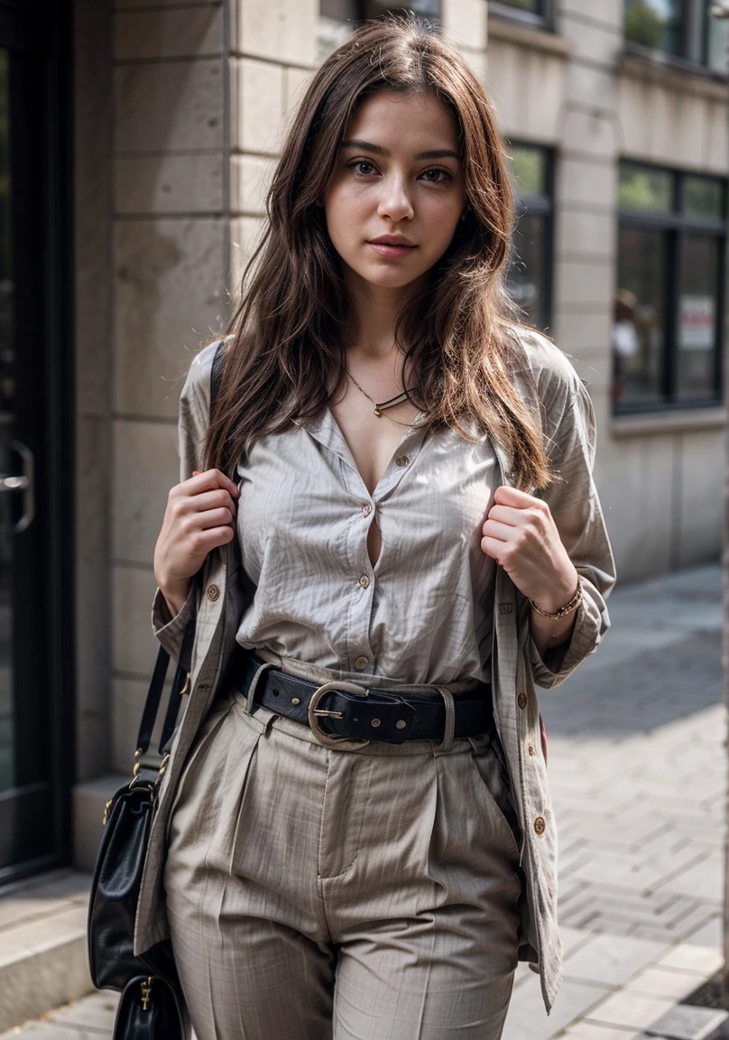 The image shows an young beatiful woman standing against a plain background, wearing a green button-up shirt and matching trousers, open chest, accessorized with a brown belt with a large buckle and carrying a light-colored handbag. This ensemble exudes a coordinated and stylish look, perfect for a casual yet put-together appearance.