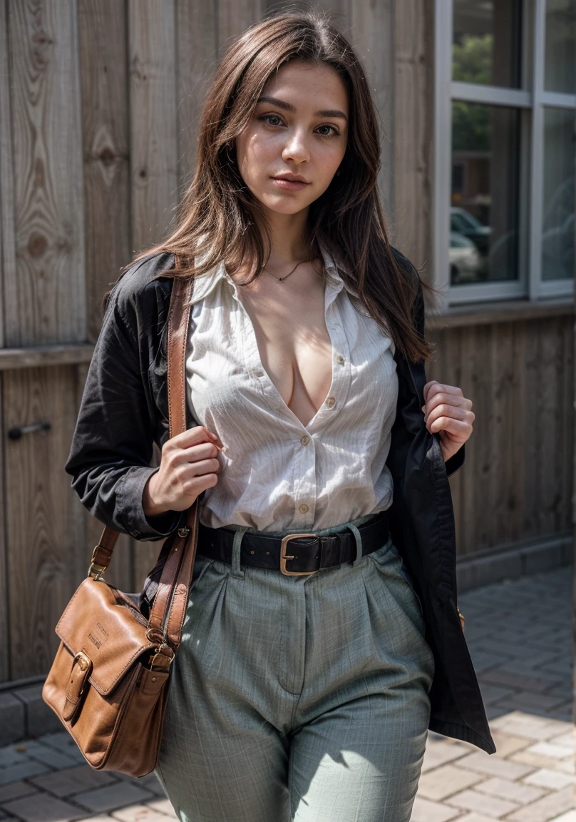 The image shows an young beatiful woman standing against a plain background, wearing a green button-up shirt and matching trousers, open chest, accessorized with a brown belt with a large buckle and carrying a light-colored handbag. This ensemble exudes a coordinated and stylish look, perfect for a casual yet put-together appearance.