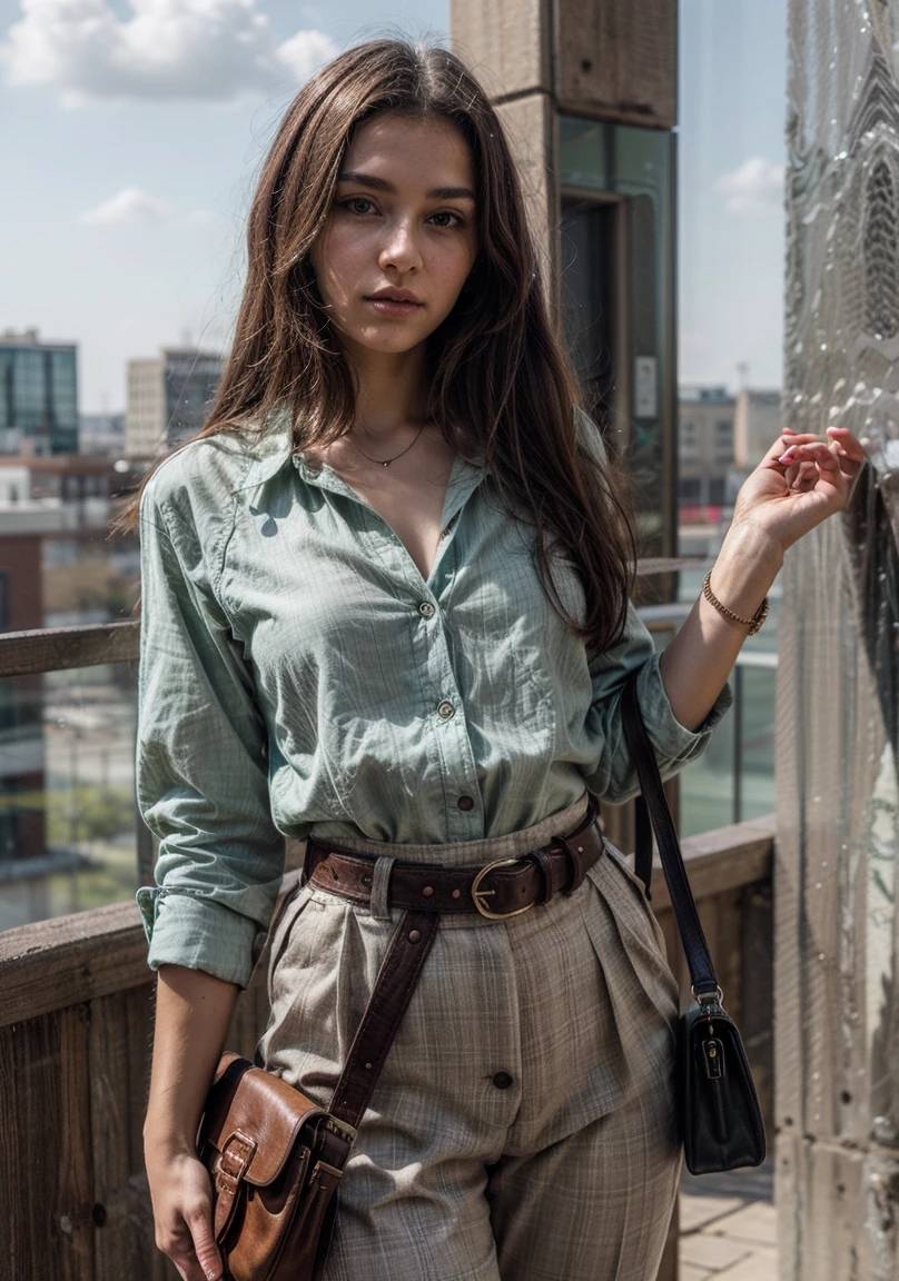 The image shows an young beatiful woman standing against a plain background, wearing a green button-up shirt and matching trousers, open chest, accessorized with a brown belt with a large buckle and carrying a light-colored handbag. This ensemble exudes a coordinated and stylish look, perfect for a casual yet put-together appearance.