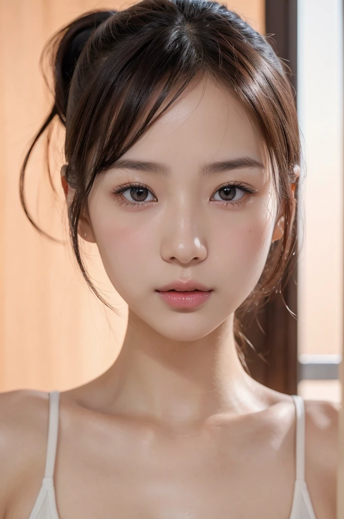 (realistic pale skin),
((cute japanese girl、beautiful japanese girl、1 girl、clear、19 years old、ponytail、Highly detailed face and skin texture、refinement、super detailed face、highly detailed eyes、Lee Hong、blush、cheek、Pink painted cheeks、 positive face、Forward-facing body、look at the camera、front、cute、smooth white skin、Transparent skin texture、))、(dark brown hair、bangs)、beautiful woman with perfect style：1.4、japanese model、young gravure idol、Young cute gravure idol、Realistic young gravure idol、refined gravure idol、((highest quality、8K、masterpiece:1.3、１photograph))、(4K、RAWphotograph、highest quality)、(realistic、Photo realistic:1.37)、Place someone on the other side of the screen、Natural light、