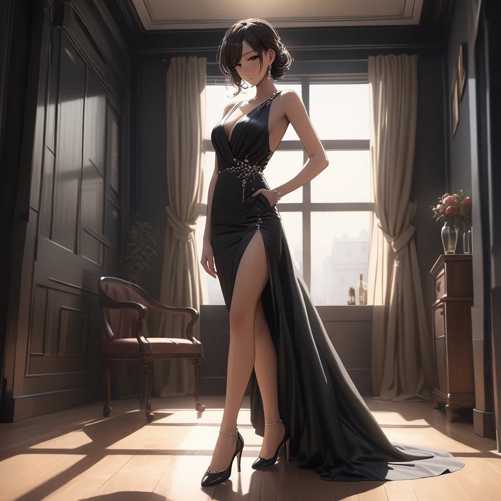 (1girl, solo, alone), (WakatsukiRisa, Sarada Uchiha, black hair, short hair, black eyes, red glasses), ((solo, (1woman, (small bust), pink lipstick, black eyes), Extremely detailed, ambient soft lighting, 4k, perfect eyes, a perfect face, perfect lighting, a 1girl)), ((fitness,, shapely body, athletic body, toned body)), ((black dress, black high heels, penetrating gaze, cold gaze, woman sitting, sitting on the bed, pillows, lamps, window))