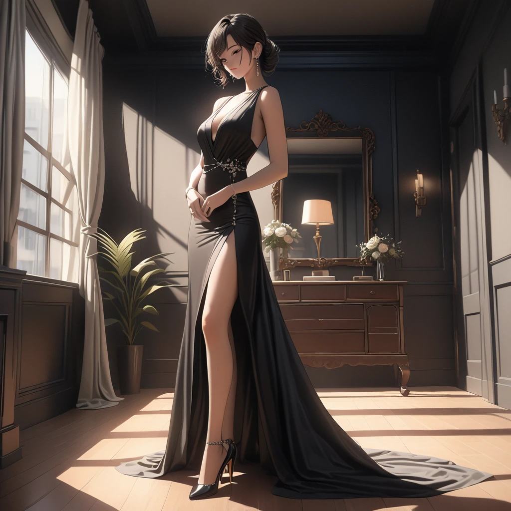 (best quality, 8k, masterpiece, highres, ultra-detailed), photorealistic, Tsukasa Hojo style, woman, black evening gown, high heels, standing, dimly lit room, delicate features, soft shadows, elegant pose, sophisticated expression, subtle details, no exaggerated features, realistic skin, minimalistic background, low-key lighting, film grain.