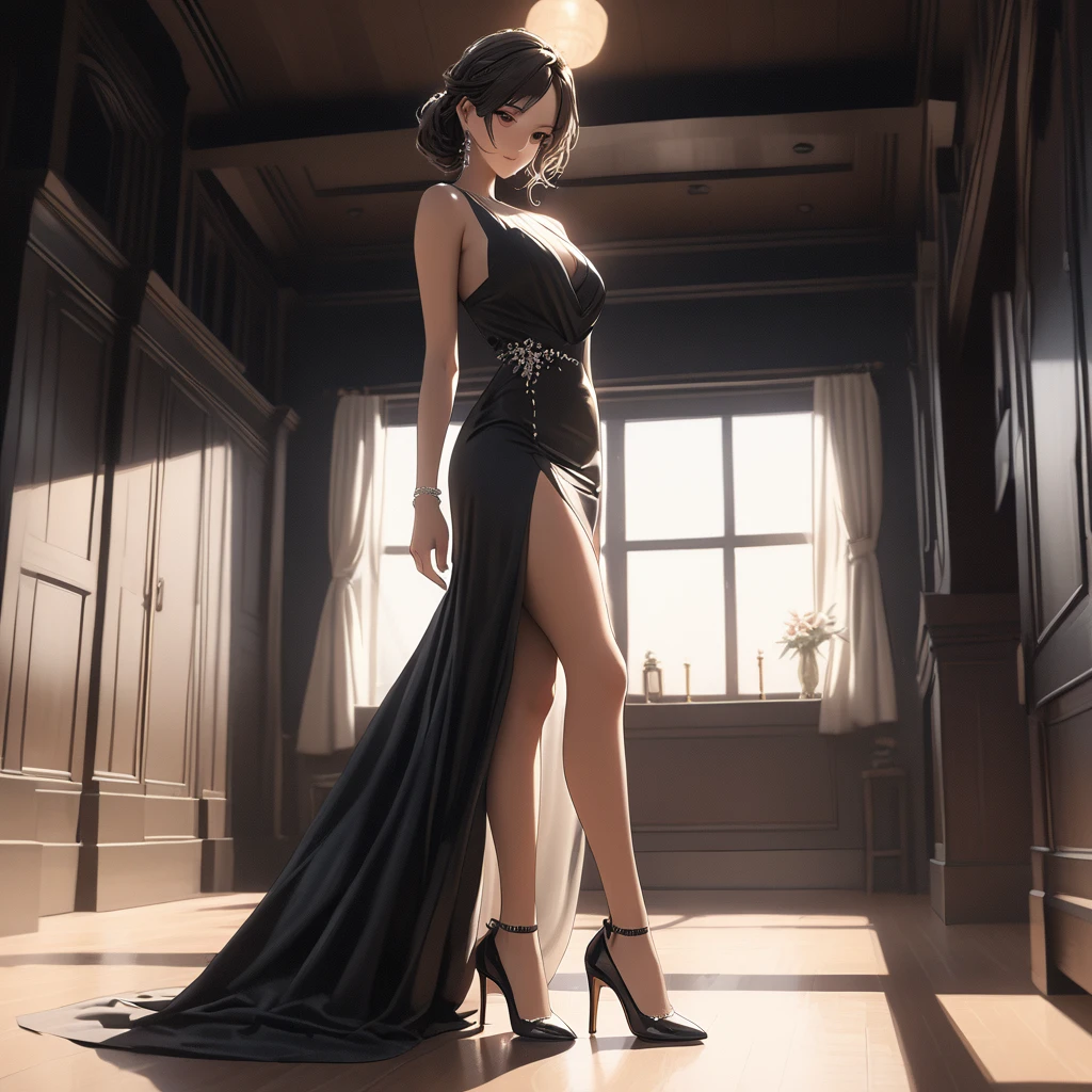 (best quality, 8k, masterpiece, highres, ultra-detailed), photorealistic, Tsukasa Hojo style, woman, black evening gown, high heels, standing, dimly lit room, delicate features, soft shadows, elegant pose, sophisticated expression, subtle details, no exaggerated features, realistic skin, minimalistic background, low-key lighting, film grain.