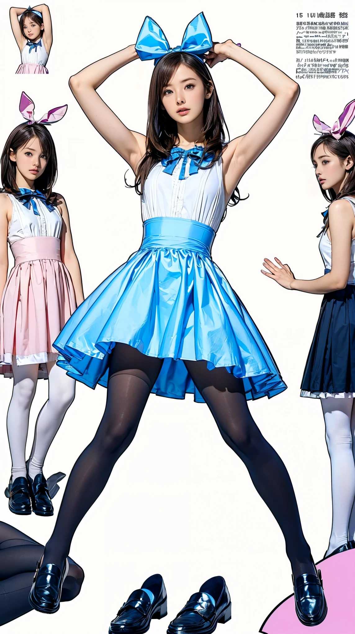 ((masterpiece)),(((Highest quality))),((Character design sheet)),Thin thighs,Long legs,((Alice in Wonderland, wearing a large ribbon on your head,, wear black tights，loafers))、、(Raise your arms、Please show me your armpits:1.2)、(Droopy eyes:1.2), (Very slim:1.4)、Crouching，
