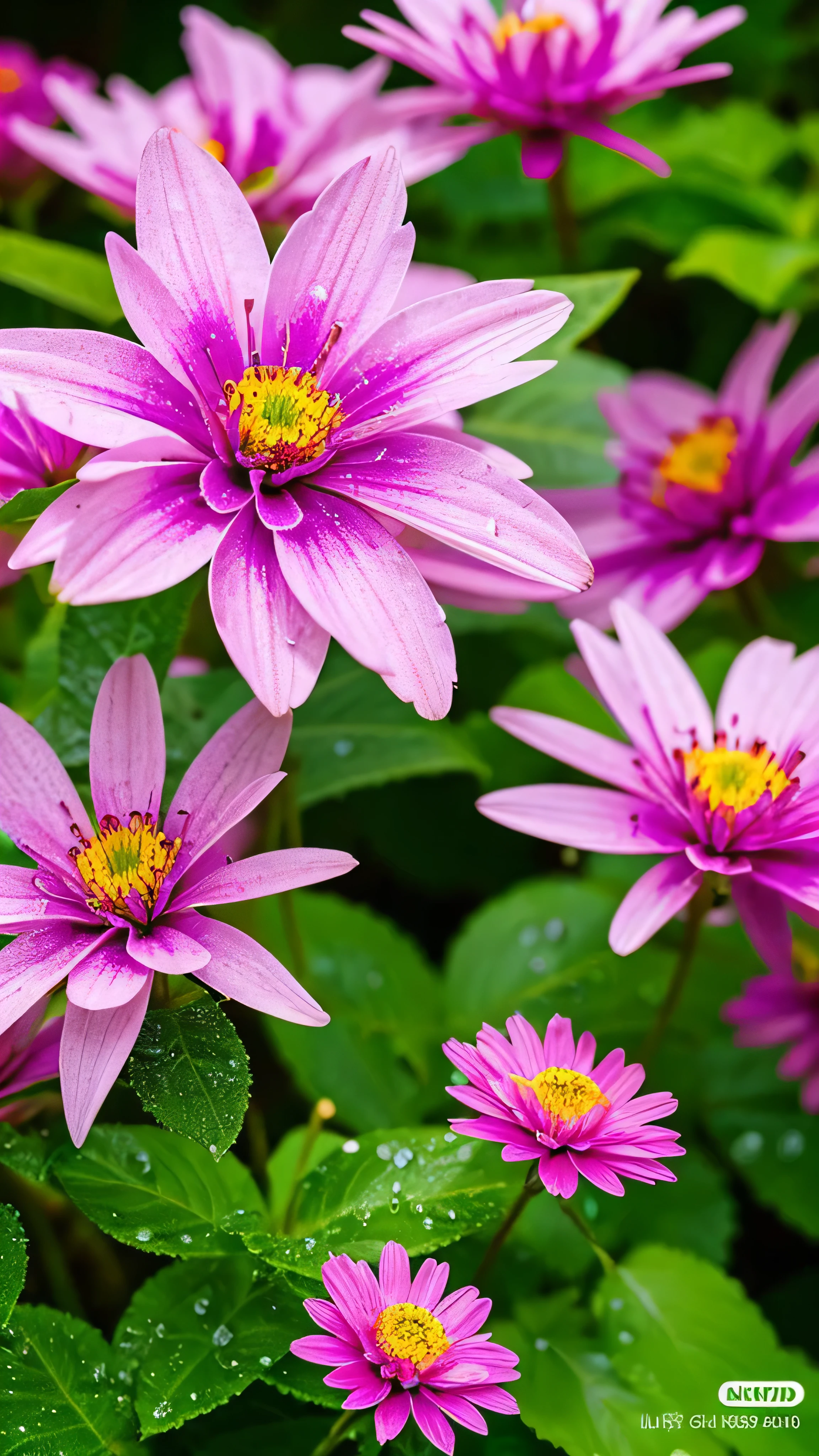 Imagine a vivid close-up, Unusual flowers, The petals spread out in vibrant colors like a kaleidoscope. Dewdrops on the surface reflect the surrounding environment, Make something small, The world reflected in each drop of water. The flowers stand out against a lush, blurry background, Tropical Garden. The scene is brought to life in a vibrant and dynamic digital art style., Inspired by the artistic vision of Luca Martel.
