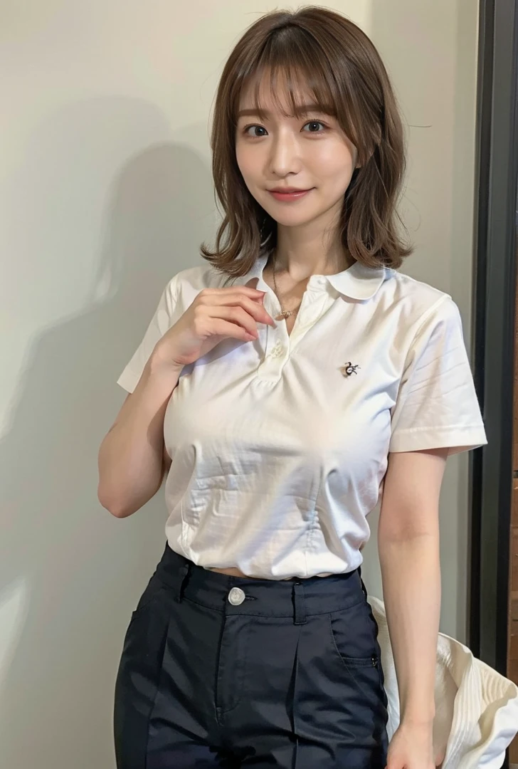 ((Are standing、Curved waist、Smile、Medium Short Hair、服の上からでもわかるBig Breasts、Both hands are in front of the navel、A photo showing pants through a short polo shirt、roll up one&#39;s shirt with one&#39;s hands、She is wearing a white polo shirt and luxurious white panties.、:1.4))、In the living room、Cream hair color、Her huge breasts are obvious even through her clothes....、Small earrings、Light brown hair color、:1.4））、Shiny Hair、Light beige hair color、Background Blur、Light brown hair、｛｛Cowgirl Shot｝｝、（（Close-up shot from the waist up、Big Breasts:1.4））、Big Breasts、Smilesmile、服からでも分かるBig Breasts、Cowboy Shot、素敵なsmile、（（Revealing clothing））、Full body photo、ring、Tuck your hair behind one ear、Silver Necklace、smile、Caustics、Highly detailed photos、Big Breasts、Super no makeup、(8K、RAW Photos、Highest quality、masterpiece:1.2)、(Realistic、Realistic)、1 Girl、((Big Breastsショートヘア、Looking into the camera:1.4))、Hair blowing in the wind
