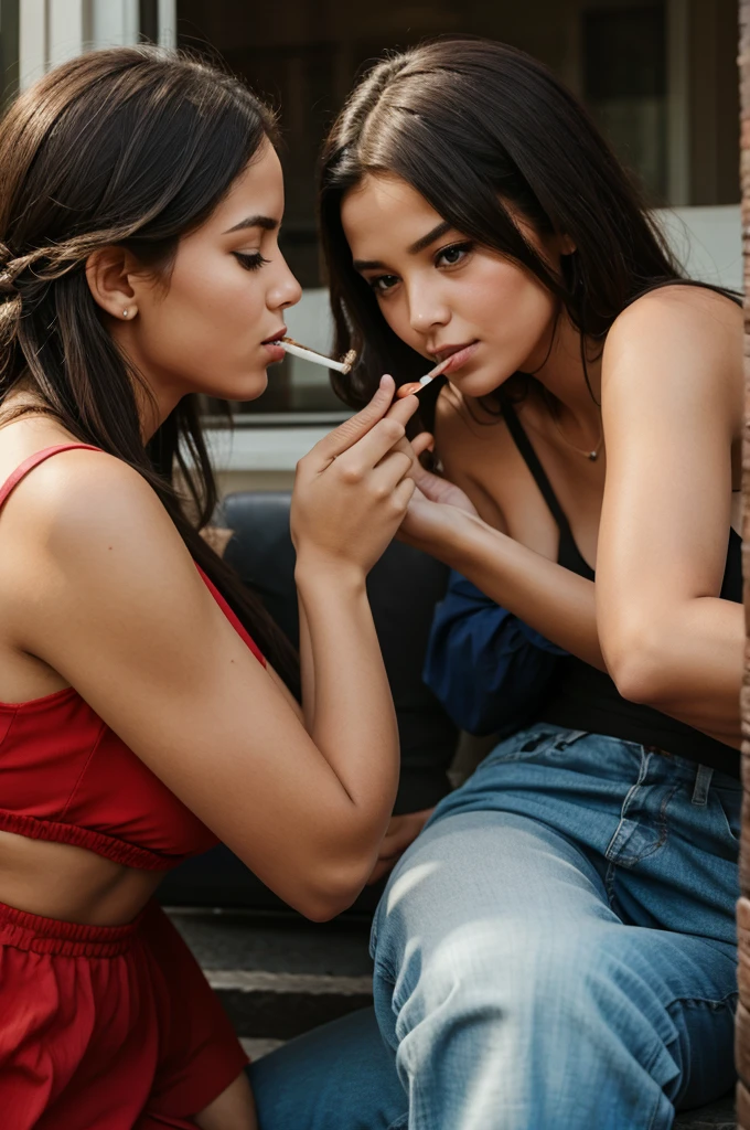 Women smoking with daughter and son