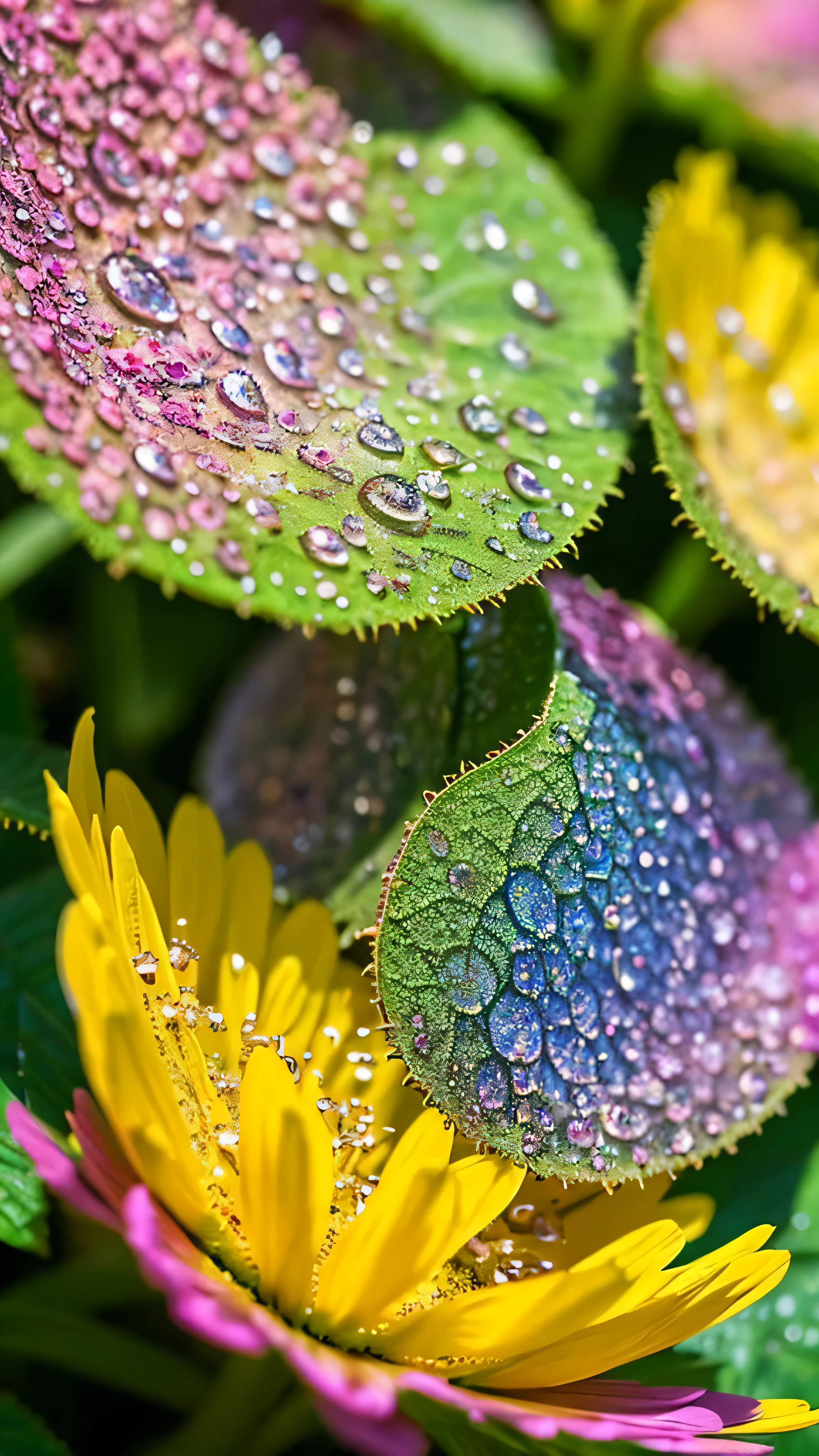 Imagine a vivid close-up, Unusual flowers, The petals spread out in vibrant colors like a kaleidoscope. Dewdrops on the surface reflect the surrounding environment, Make something small, The world reflected in each drop of water. The flowers stand out against a lush, blurry background, Tropical Garden. The scene is brought to life in a vibrant and dynamic digital art style., Inspired by the artistic vision of Luca Martel.