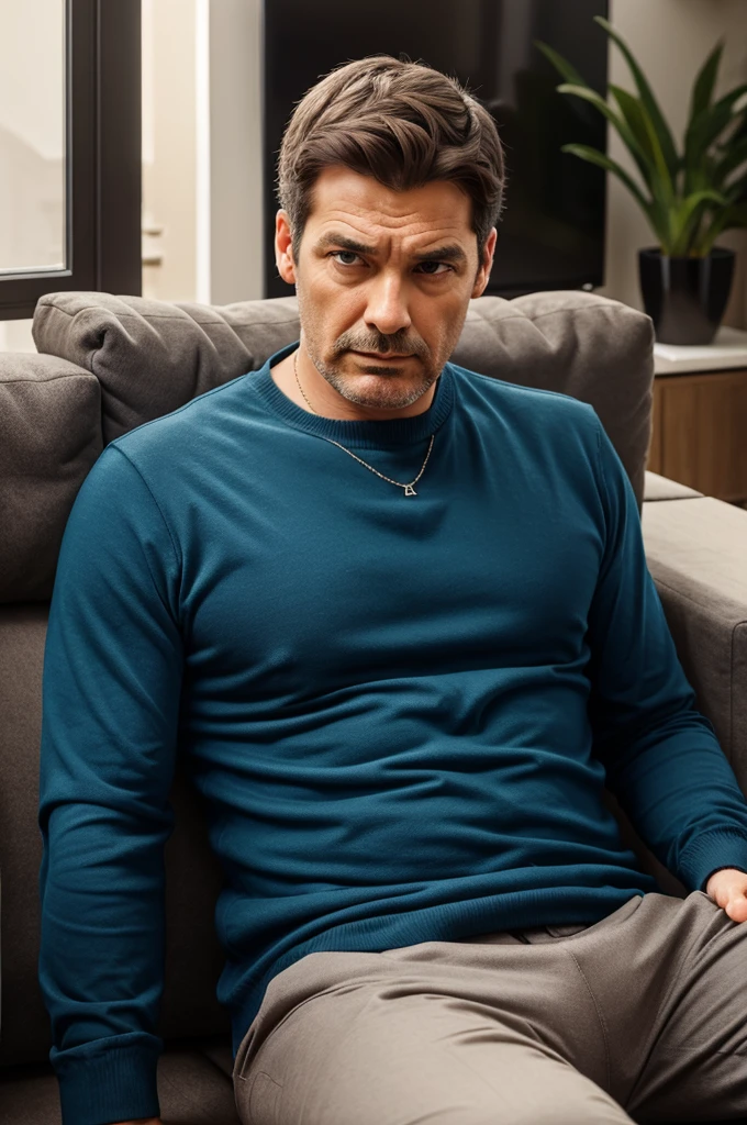 Father is sitting on a sofa watching TV, looking puzzled.