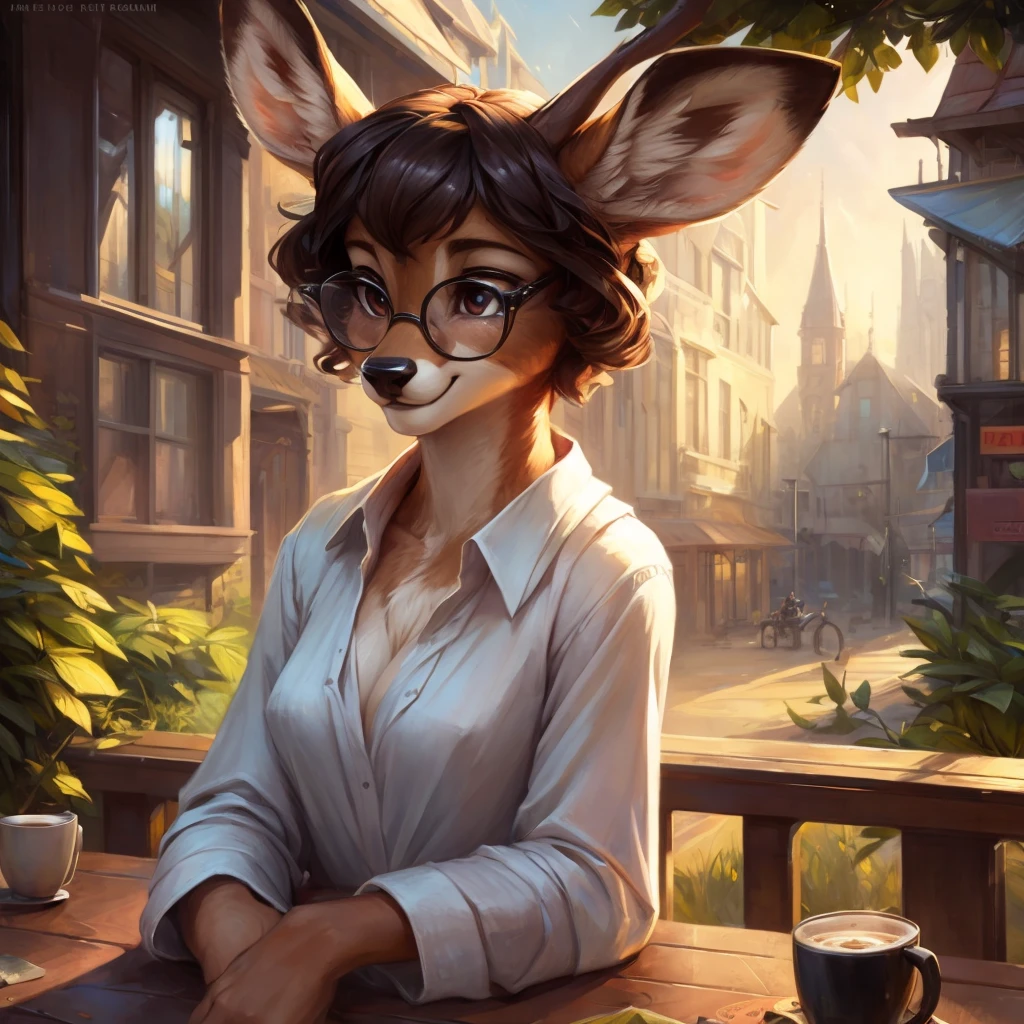 uploaded on e621, by Pixelsketcher, by Bayard Wu, by Thomas Benjamin Kennington , by Einshelm, by hioshiru and kenket, Chunie, portrait, solo anthro female deer doe, tiny featureless breasts, tiny breasts, clear dark blue, cinematic lighting, day, sunny day, sitting outside at a café, café background, french background, old french background, shiny, short curly dark brown hair, short hair, wears big black nerd glasses, very very beautiful furry art, furry art, thoughtful, shiny, feminine, cute face, muzzle, fluffy chest, flawless face, Fallow deer, 1girl, Sakimichan is beautiful, Masterpiece, Wavethesallow Face, shiny, Detailed image, portrait, Detailed image, portrait, wears pure white wide, big blouse, wears beige summer straw hat, shiny, realistic face, perfect anatomy, hourglass body, anthropomorphic deer, happy, very happy, small ears, huge black nerd glasses, wide happy eyes, look at viewer, smiles, big smile, holds with both hands a cup of coffee, hourglass body, (furry body:1.1), anthropomorphic deer, small fluffy tail, detailed background, (cute anatomy:1.1), looks into the distance