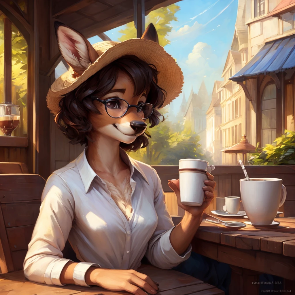uploaded on e621, by Pixelsketcher, by Bayard Wu, by Thomas Benjamin Kennington , by Einshelm, by hioshiru and kenket, Chunie, portrait, solo anthro female deer doe, tiny featureless breasts, tiny breasts, clear dark blue, cinematic lighting, day, sunny day, sitting outside at a café, café background, french background, old french background, shiny, short curly dark brown hair, short hair, wears big black nerd glasses, very very beautiful furry art, furry art, thoughtful, shiny, feminine, cute face, muzzle, fluffy chest, flawless face, Fallow deer, 1girl, Sakimichan is beautiful, Masterpiece, Wavethesallow Face, shiny, Detailed image, portrait, Detailed image, portrait, wears pure white wide, big blouse, wears beige summer straw hat, shiny, realistic face, perfect anatomy, hourglass body, anthropomorphic deer, happy, very happy, small ears, huge black nerd glasses, wide happy eyes, look at viewer, smiles, big smile, holds with both hands a cup of coffee, hourglass body, (furry body:1.1), anthropomorphic deer, small fluffy tail, detailed background, (cute anatomy:1.1), looks into the distance