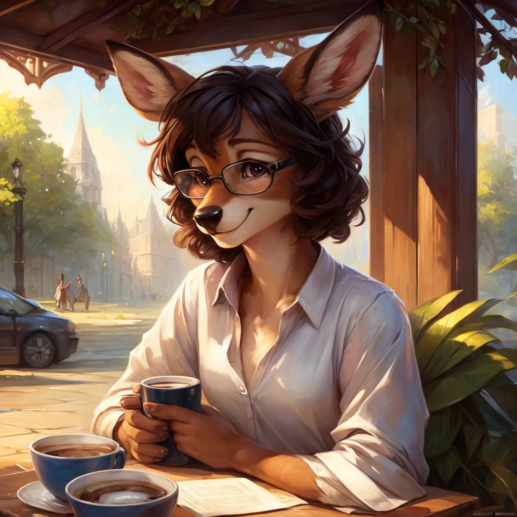 uploaded on e621, by Pixelsketcher, by Bayard Wu, by Thomas Benjamin Kennington , by Einshelm, by hioshiru and kenket, Chunie, portrait, solo anthro female deer doe, tiny featureless breasts, tiny breasts, clear dark blue, cinematic lighting, day, sunny day, sitting outside at a café, café background, french background, old french background, shiny, short curly dark brown hair, short hair, wears big black nerd glasses, very very beautiful furry art, furry art, thoughtful, shiny, feminine, cute face, muzzle, fluffy chest, flawless face, Fallow deer, 1girl, Sakimichan is beautiful, Masterpiece, Wavethesallow Face, shiny, Detailed image, portrait, Detailed image, portrait, wears pure white wide, big blouse, wears beige summer straw hat, shiny, realistic face, perfect anatomy, hourglass body, anthropomorphic deer, happy, very happy, small ears, huge black nerd glasses, wide happy eyes, look at viewer, smiles, big smile, holds with both hands a cup of coffee, hourglass body, (furry body:1.1), anthropomorphic deer, small fluffy tail, detailed background, (cute anatomy:1.1), looks into the distance