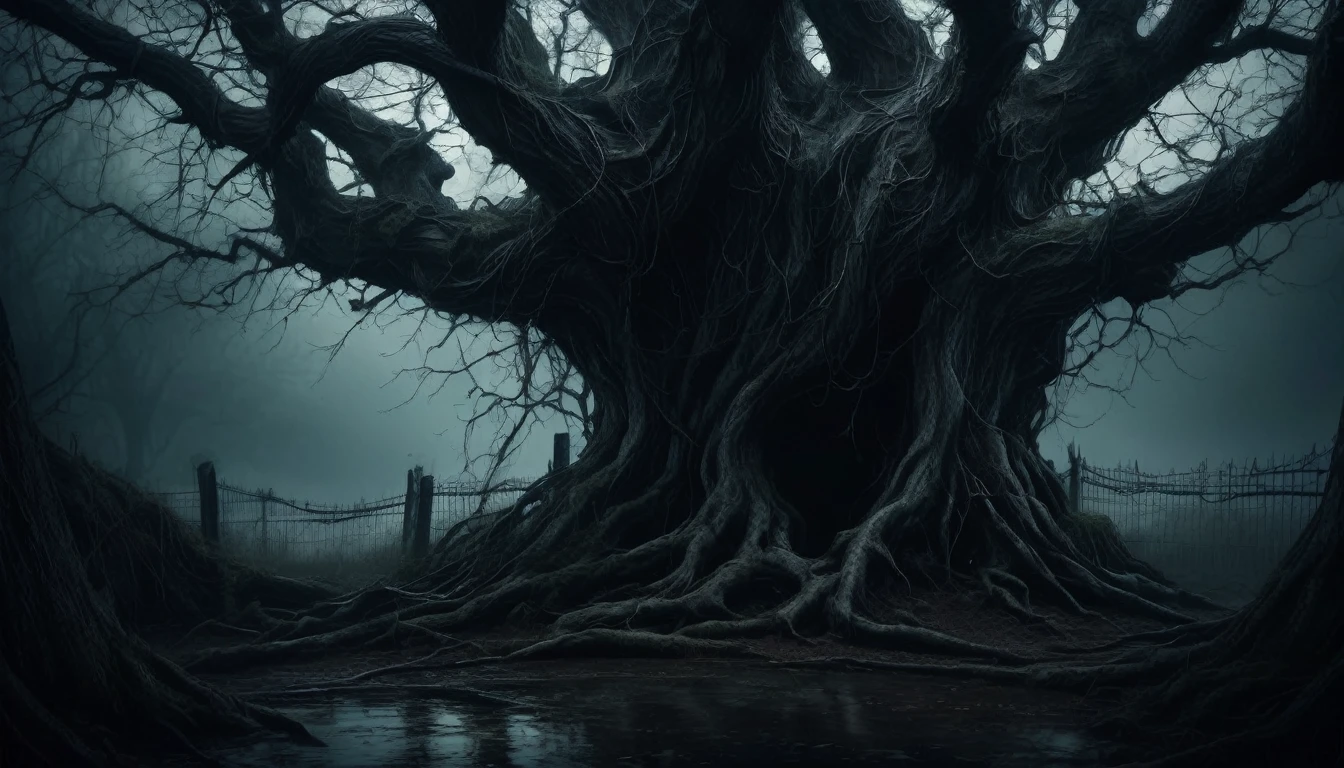 a creepy old tree in a fenced and chained state, detailed bark texture, twisted and gnarled branches, overgrown and unkempt foliage, eerie atmosphere, dark moody lighting, dramatic shadows, realistic rendering, cinematic composition, gothic horror style, muted color palette, dramatic contrast