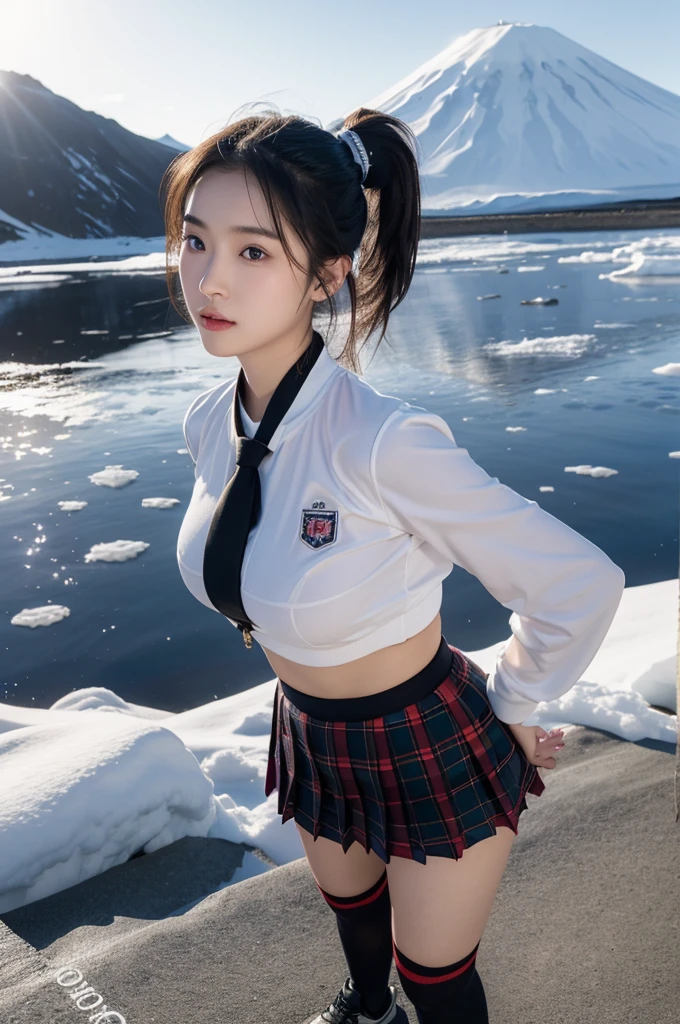 (8k,RAW photo,highest quality),detailed background,detailed face,beautiful and smooth skin,skin texture,professional lighting,an 16 year old cute:1.2 chinese model,
outdoors, full body, 
(huge breasts:1.1),sexy uniform,Pleated mini skirt with tartan plaid pattern,side pony,ponytail,cute hairstyle,high socks,high socks, school trip,sexual expression,Antarctica,ross ice shelf,Dome Fuji Base,McMurdo Base,You can also take photos with famous landmarks and symbols of your travel destination.,underboob,panty shot,