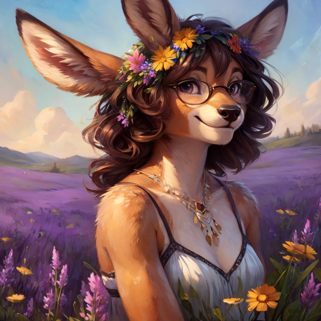 uploaded on e621, watercolor look, by Pixelsketcher, by Bayard Wu, by Thomas Benjamin Kennington , by Einshelm, by hioshiru and kenket, Chunie, portrait, solo anthro female deer doe, with small featureless breasts, clear dark blue, cinematic lighting, day, sunny day, lavender field, stays in a wildflowers field, wildflowers field background, mediterranean background, horizon background, shiny, short curly dark brown hair, wearing big black nerd glasses, very very beautiful furry art, furry art, smiling, joyful, shiny, happy, feminine, cute face, muzzle, fluffy chest, flawless face, Fallow deer, 1girl, Sakimichan is beautiful, Masterpiece, Wavethesallow Face, shiny, Detailed image, portrait, Detailed image, portrait, full body, wearing pure white short spaghetti straps dress, wearing a wildflowers wreath, shiny, realistic face, perfect anatomy, hourglass body, (furry body:1.1), anthropomorphic deer, looks at the viewer, small fluffy tail, detailed background, (cute anatomy:1.1), stands in a wildflowers field, wildflowers in hair
