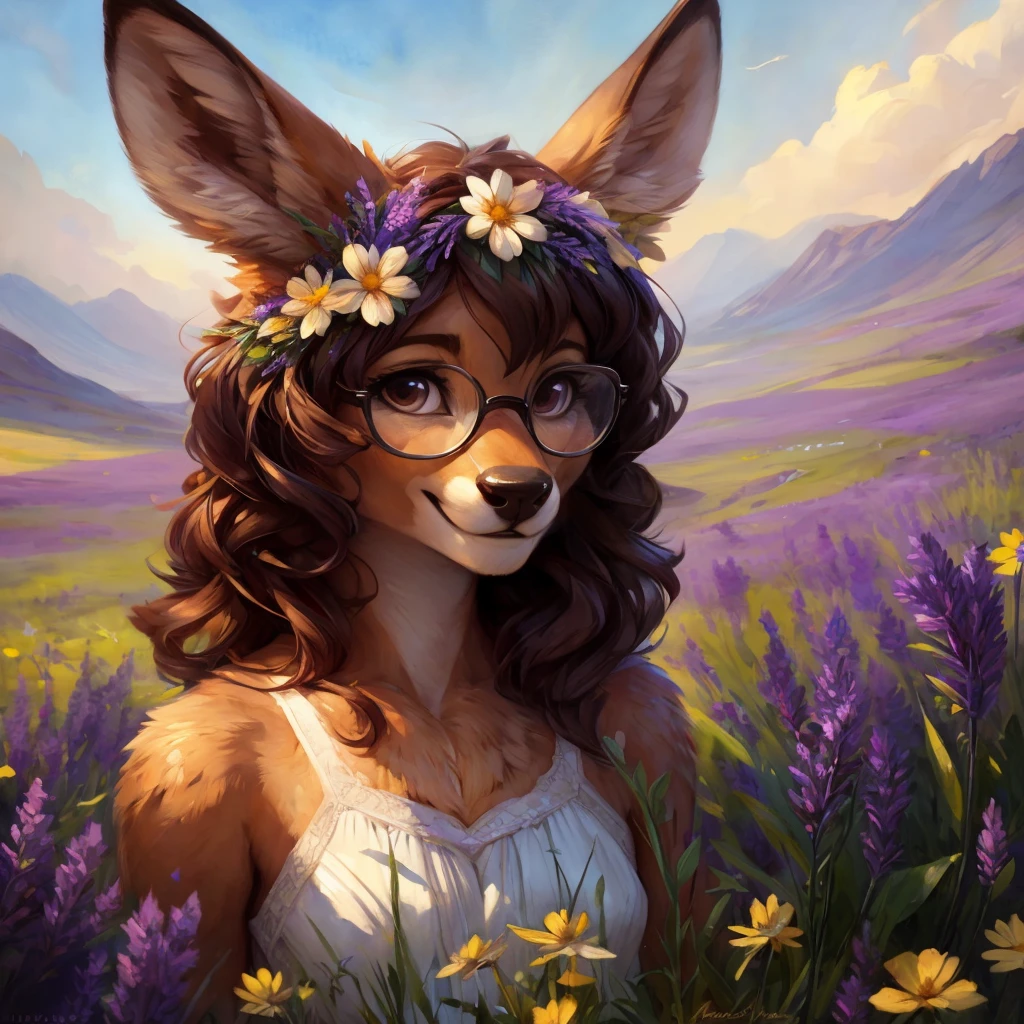 uploaded on e621, watercolor look, by Pixelsketcher, by Bayard Wu, by Thomas Benjamin Kennington , by Einshelm, by hioshiru and kenket, Chunie, portrait, solo anthro female deer doe, with small featureless breasts, clear dark blue, cinematic lighting, day, sunny day, lavender field, stays in a wildflowers field, wildflowers field background, mediterranean background, horizon background, shiny, short curly dark brown hair, wearing big black nerd glasses, very very beautiful furry art, furry art, smiling, joyful, shiny, happy, feminine, cute face, muzzle, fluffy chest, flawless face, Fallow deer, 1girl, Sakimichan is beautiful, Masterpiece, Wavethesallow Face, shiny, Detailed image, portrait, Detailed image, portrait, full body, wearing pure white short spaghetti straps dress, wearing a wildflowers wreath, shiny, realistic face, perfect anatomy, hourglass body, (furry body:1.1), anthropomorphic deer, looks at the viewer, small fluffy tail, detailed background, (cute anatomy:1.1), stands in a wildflowers field, wildflowers in hair