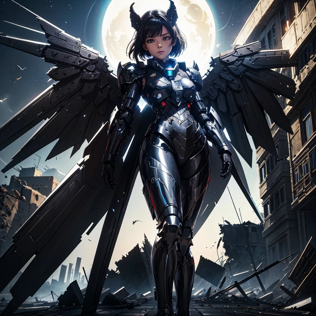 female mecha wings of angel, in black armor, in a destroyed city, the night, with an eclipse in the background