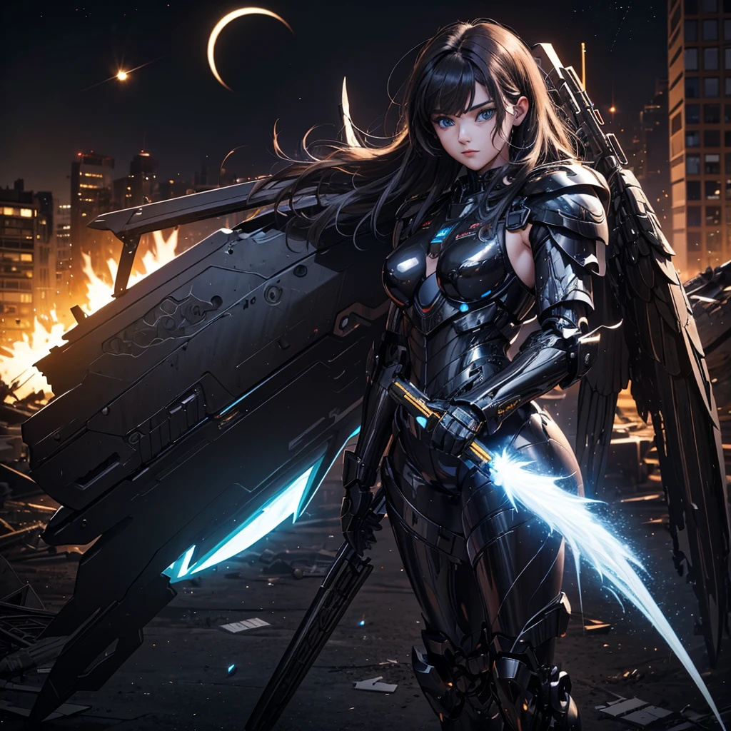 female mecha wings of angel, in black armor, in a destroyed city, the night, with an eclipse in the background