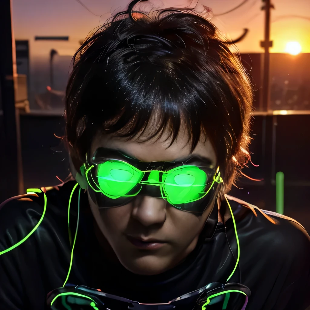 best quality, ultra-detailed, realistic, (1man), (black shirts:1.3), (fluorescent glasses:1.8), (serious:1.5), (sunset:1.6)