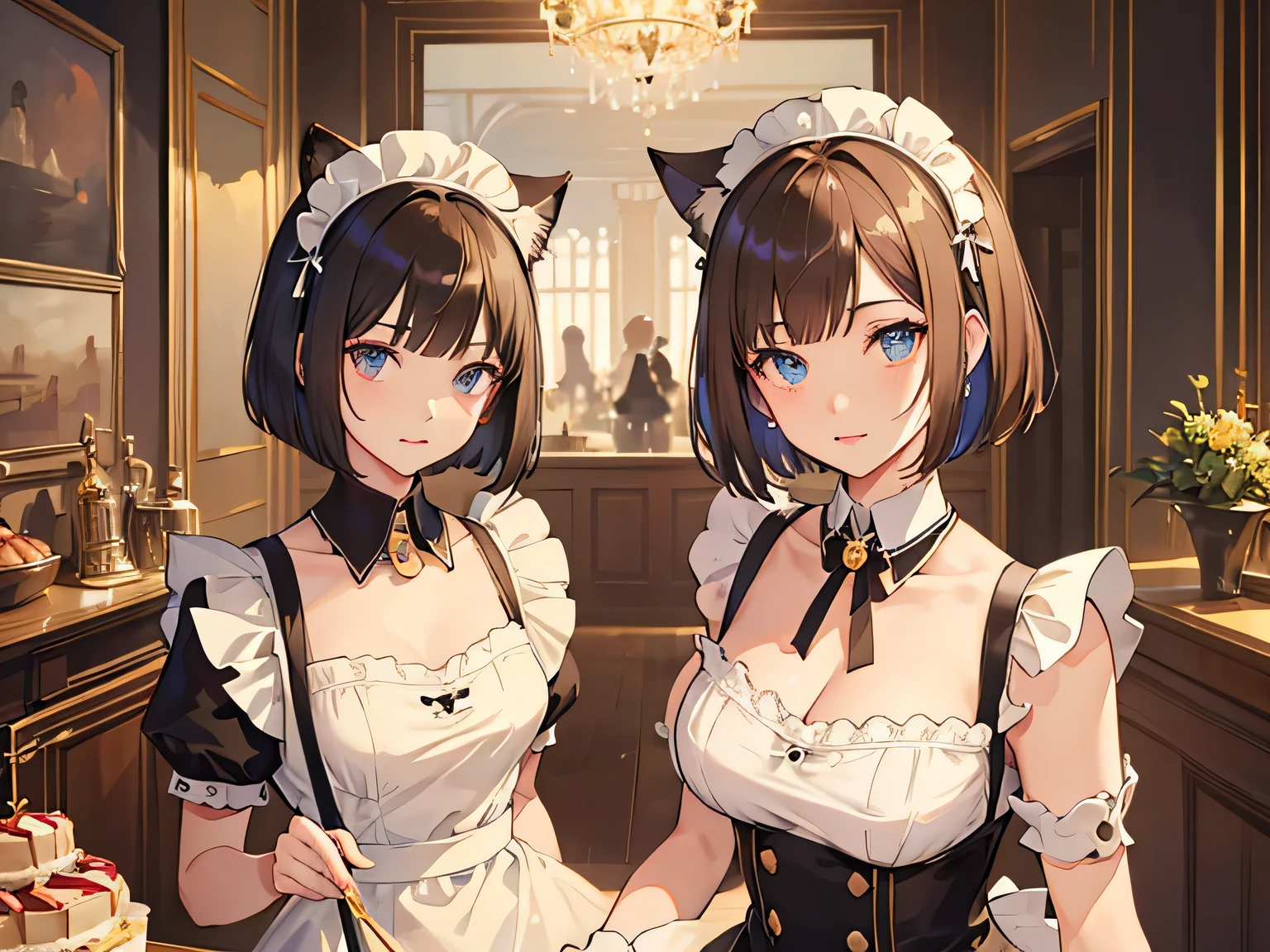 beautiful face, best quality, shiny skin, detailed skin, detailed face, detailed eyes, beautiful lady, light brown hair, bob cut, maid headdress, cat ears, Pop art, best quality, highres, masterpiece, super detail, 8k, Maids working in the palace, maid uniforms, (Hair covers ears), Ruffled Apron