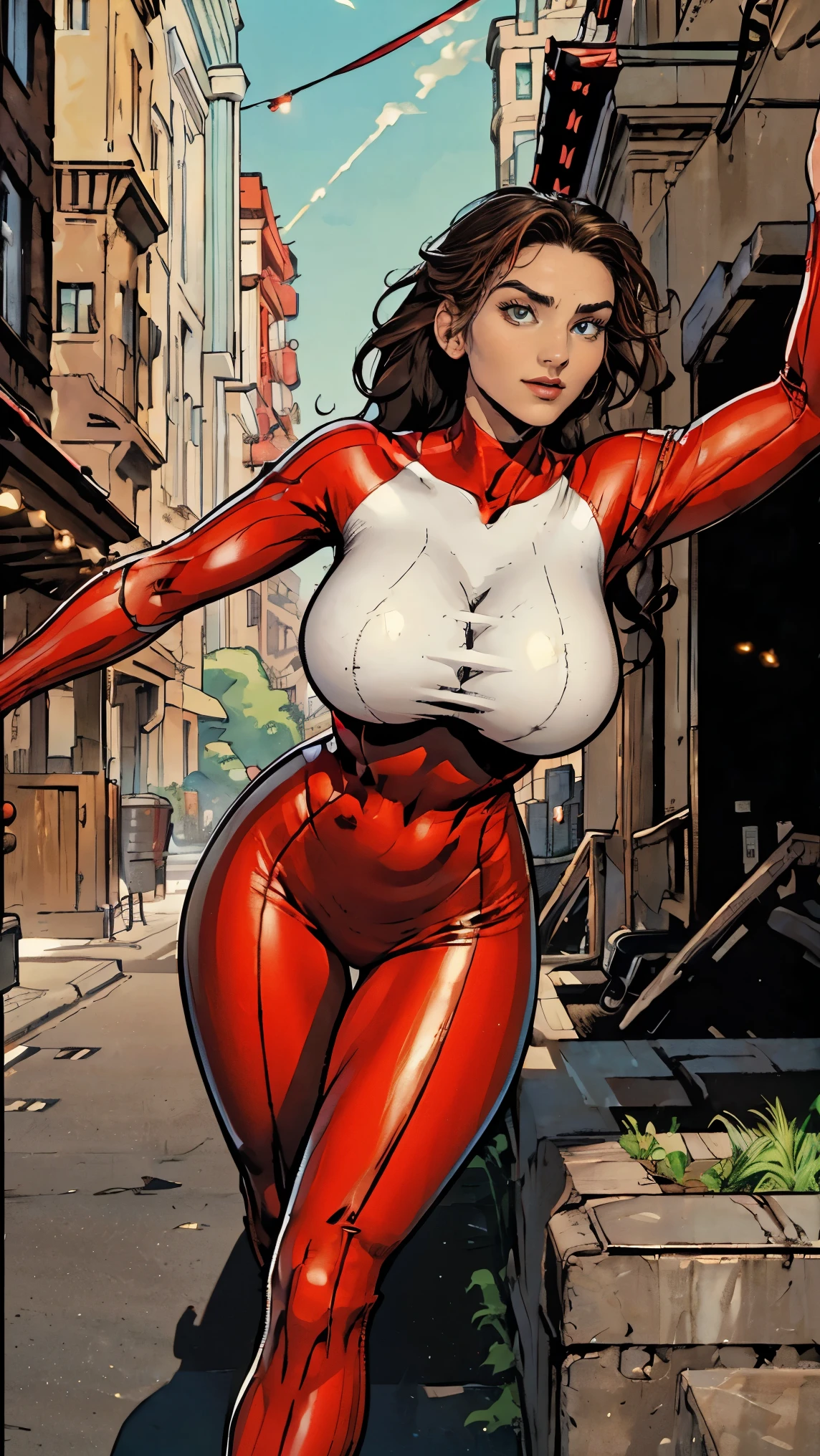 (masterpiece, top quality, best quality, official art, beautiful and aesthetic:1.2), (1girl:1.3), brown hair, braid, extremely detailed, portrait, looking at viewer, solo, (full body:0.6), detailed background, close up, mischievous eyes, (warm city superhero theme:1.1), (((reaching out, incredibly long arm, rubber arm, stretched arm))), pleasant smile, brunette, aquiline nose, green eyes, braid, ((gigantic breasts)), (thin), athletic, superhero. Wearing a sleek, satin (high-neck) (sleek white and red striped bodysuit), ((red sleeve stripes, red leg stripes)), (white sides, red center), modest, fully-covered, long red gloves, long red boots, slim waist, slim hips, long legs, modern (city street exterior:1.1) detailed background, bright optimistic lighting, shadows, magical atmosphere, dutch angle