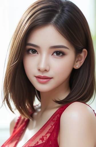 (Raw photo), (Photo realistic), (masterpiece), (Highest quality), High resolution, 8K resolution, (Exquisite detail), (Volumetric Light), Portraiture, woman, 30 years, short hair, Straight Hair, Layered Hair, Brown haired, Very white and translucent skin,Highly detailed eyes, Source Order, Very fine eyebrows, eyelash,Highly detailed skin, Highly detailed mouth, Highly detailed nose, Cute like an idol, Smile, ((Thick lips)), ((Look at the viewers)), (Elegant and transparent red colorful blouse), Random Body Orientation,