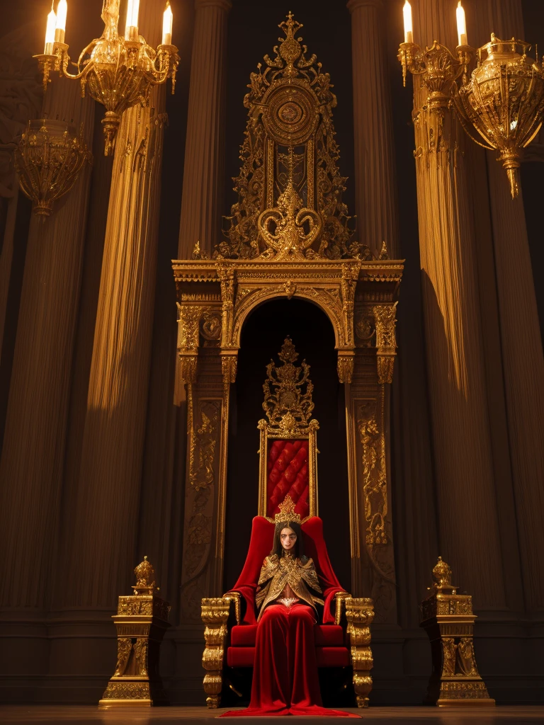 A grand, imposing throne made of dark, polished stone, adorned with intricate carvings and glowing runes. The throne is set on a high platform, surrounded by towering columns and flickering torches. The seat is cushioned with rich, crimson velvet, and the backrest rises high, featuring sharp, angular designs that exude authority and strength. The atmosphere is dark and regal, with shadows casting an aura of mystery and power. (masterpiece, best quality, amazing quality, very aesthetic, absurdres)