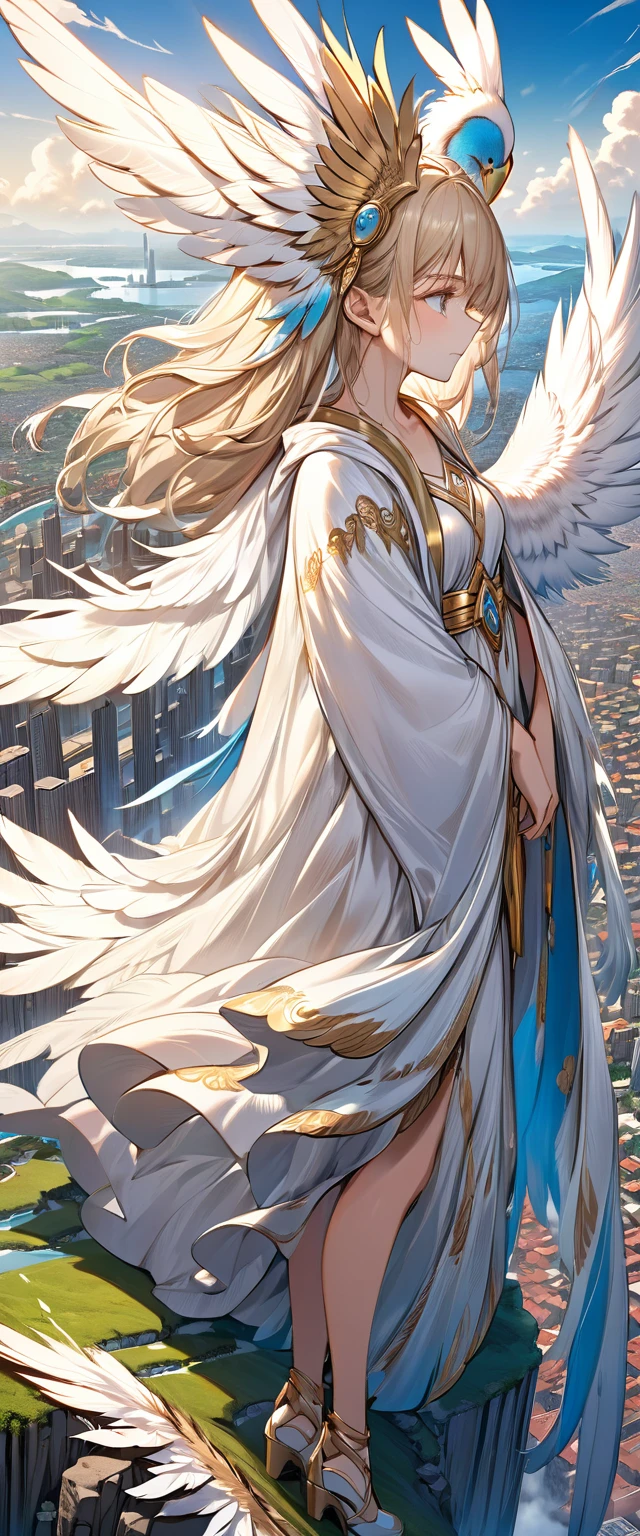 best quality, super fine, 16k, incredibly absurdres, extremely detailed, 2.5D, delicate and dynamic depiction, goddess looking down from the sky, compassionate expression, feathered robes, devastated land and city, magnificent view:1.5