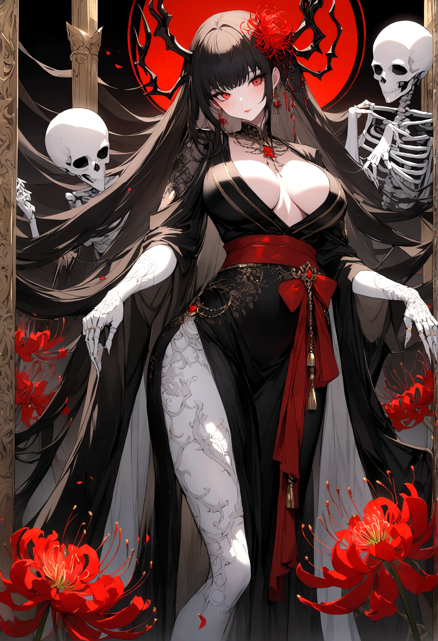 A beautiful goddess with very long black hair and large breasts in a luxurious black kimono with red spider lilies and white skeletons.