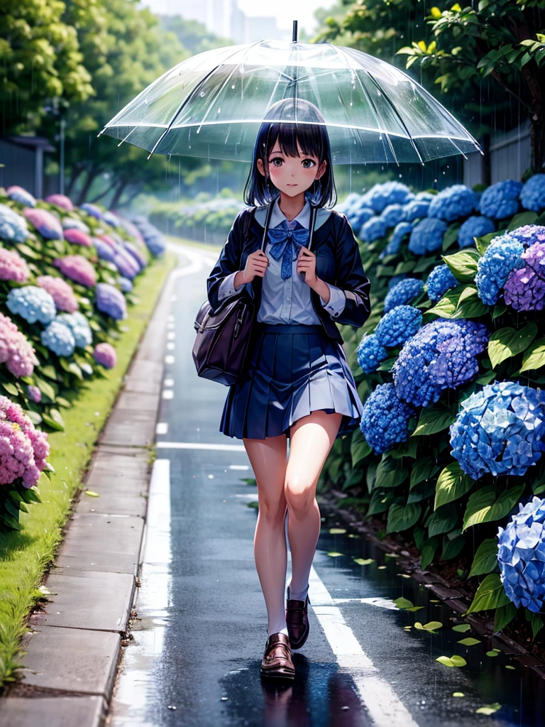 Highest quality,Highest Resolution,rainy season,A road lined with hydrangeas,High school girl walking with an umbrella,