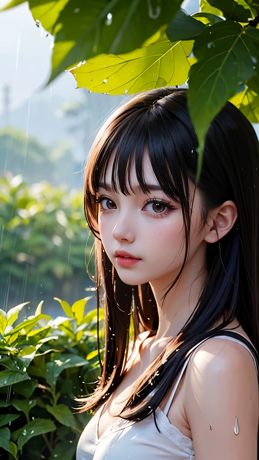 One Girl, Black Hair, Long Hair, water, Wet, alone, food, leaf, Outdoor, rain, View your audience, plant, Upper Body, food up, Wet hair