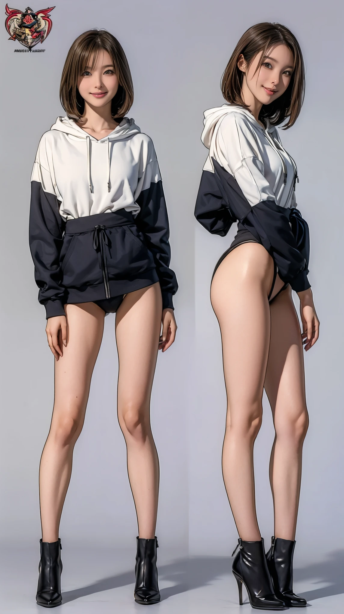 ((masterpiece)),(((Highest quality))),((Character design sheet)), Thin thighs,Long legs,18 year old Japanese girl, Cute type,The best smile:1.5,white long hoodie:1.5, A glimpse of black panties:1.5,Very short hair , (Highly detailed skin), The background is gray,
