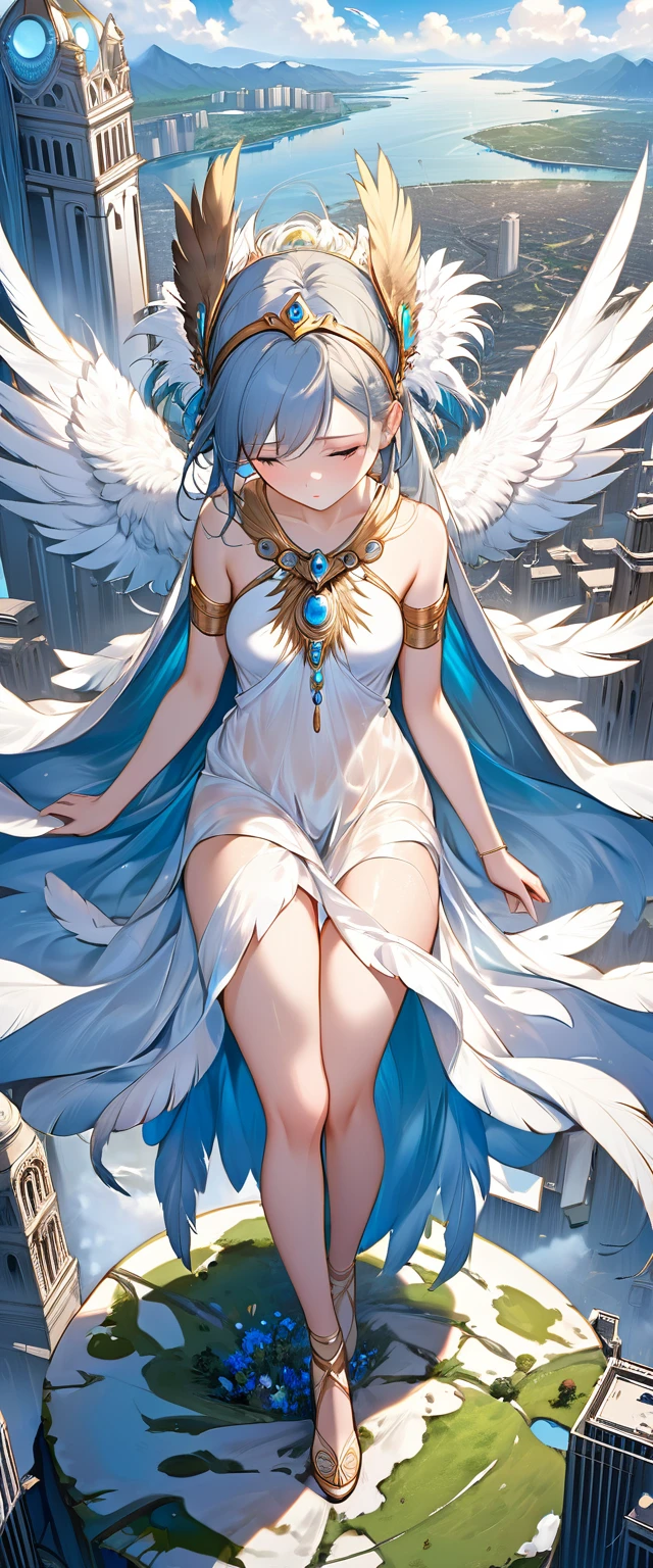 best quality, super fine, 16k, incredibly absurdres, extremely detailed, 2.5D, delicate and dynamic depiction, goddess looking down from the sky, compassionate expression, feathered robes, little exposed skin, devastated land and city, magnificent view:1.5