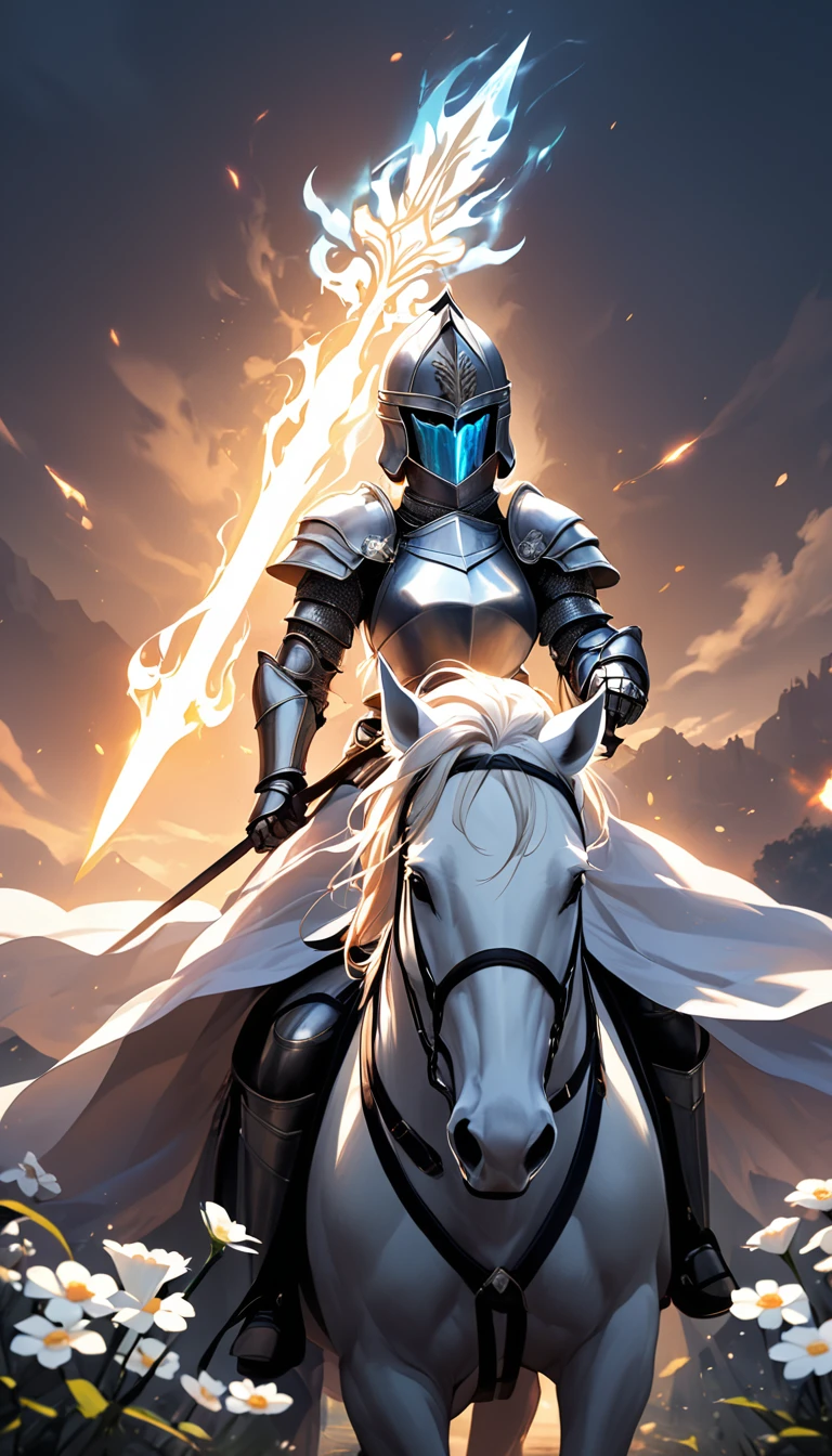 A female knight on horseback. She is holding a spear. A white flower on her head. The spear has a glowing aura. The background is black.