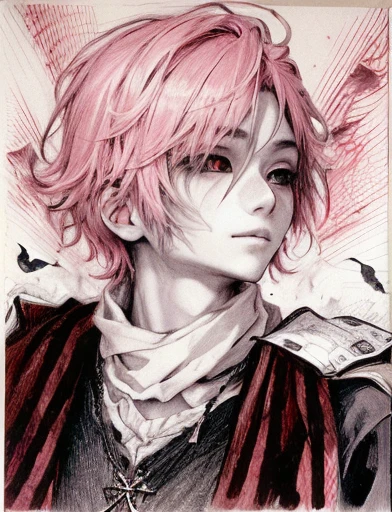 drawing of a boy with pink hair and a red scarf, inspired by Louis Grell, baroque visual kei decora art, inspired by Manabu Mabe, pencil and ink manga drawing, inspired by Yukihiko Yasuda, inspired by Yamagata Hiro, inspired by Awataguchi Takamitsu, inspired by Yumihiko Amano