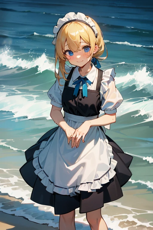 ((high resolution)), Maid clothes, White apron, Headband, 白と黒のMaid clothes, (Fashionable clothes)
Ocean, Waveうち, Wave, water, water遊び, ((Even my clothes are wet 1.1))
服もwaterに浸かっている
かわいい, smile, Blonde, Blue Eyes, Soaking wet, (water滴, Soaking wet 1.1), 深いwater, waterが滴る