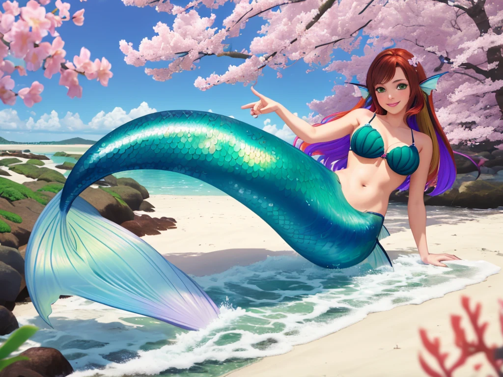 masterpiece, best quality:1.2), 1girl, smile, looking at viewer, green eyes, short brown multicolored hair, mermaid, mermaid girl, wearing purple seashell bra, laying on beach, colorful mermaid tail, outdoors, head fins, fin ears, under cherry blossoms