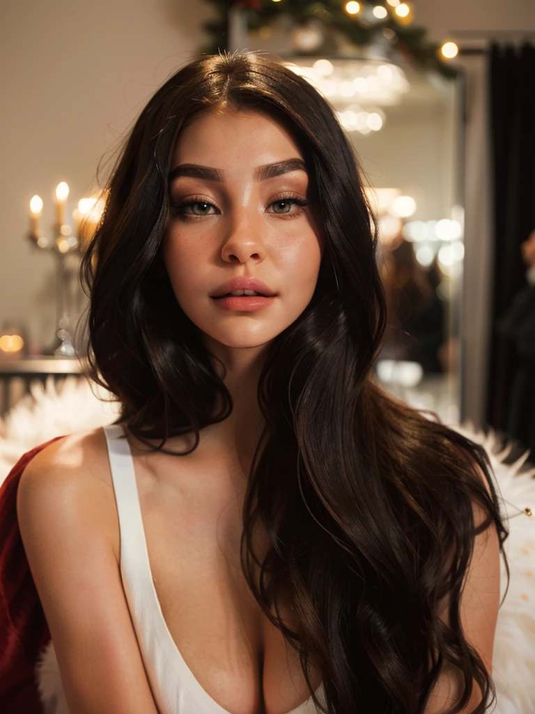 A woman with long black hair and a black top posing for a photo., soft devil queen Madison Beer, Portrait Sophie Mudd, Violet Myers, looks like a Christmas fairy tale, beautiful latin face, Madison Beer, sexy face with full makeup, Instagram Template, dark hair and makeup, profile picture, sensual look, 18 years, bella poarch