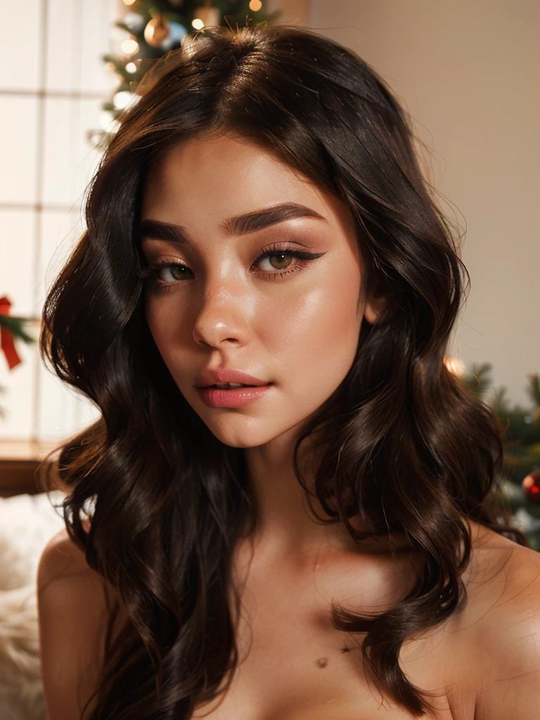 A woman with long black hair and a black top posing for a photo., soft devil queen Madison Beer, Portrait Sophie Mudd, Violet Myers, looks like a Christmas fairy tale, beautiful latin face, Madison Beer, sexy face with full makeup, Instagram Template, dark hair and makeup, profile picture, sensual look, 18 years, bella poarch