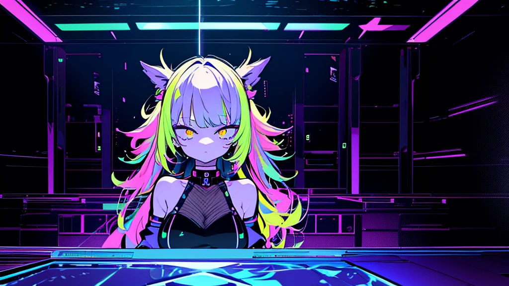 Best quality, (masterpiece:1.2), best detail face, 1 girl, big breasts, 18 yo, 8k,absurdres,unity 8k wall paper,(extremely detailed:1.3), highest realistic, (soft neon light:1.1), (floating hair:1.2), (psychedelic:1.2), ((The space where RAVE is taking place)), A lazy, annoying attitude, Light clothing in summer, dark color palette, blonde mesh hair color, You can see the whole room