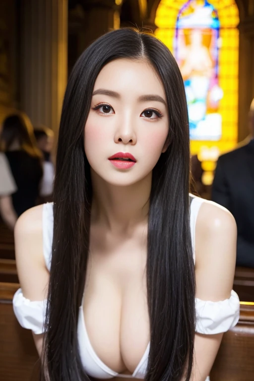 , (Mature body), Solitary,Long gray hair,black hair color, Off-shoulder, black eyes,1 Sister,A sexy pose,best quality,masterpiece,Lighting,Extremely exquisite and beautiful,CG,Unite,8k wallpaper,Amazing cleavage,detailed,masterpiece,Official Art,Very detailed content Cg Unite 8k wallpaper,Extremely ridiculous,Huge file size,Ultra Detailed,high resolution,Very detailed content,Beautiful and delicate girl,Practical,full,Inside the church,Light Contrast, Lopez, Full body image, full, White under underwear