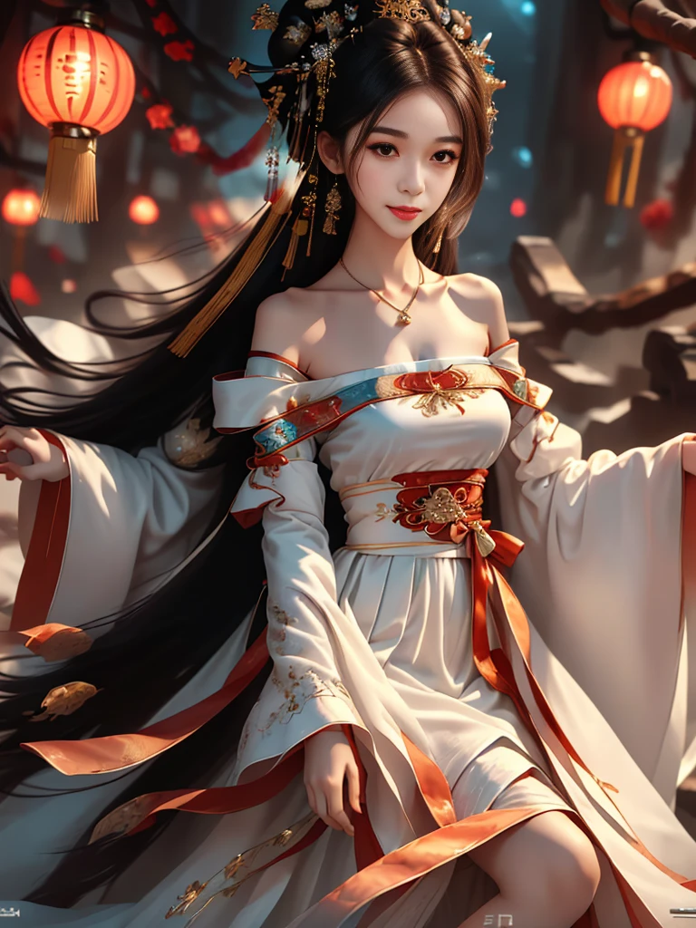 Girl in traditional Chinese clothing, Hanfu ,long black hair, black eyes, black bun hairstyle, hair accessories ,white diamond earrings, Bangle Diameter, Dia Necklace, Clear eyes, Facing forward,put on makeup, Long eyelashes ,(Long shoulder coat:1.5), (long white skirt:1.5), ((Whole body)), ((from below))ฃ, Clear face, , (Very beautiful face, Beautiful mouth, beautiful eyes), detailed face, ((Ultra-fine skin)), In the dark, deep shadows, an ancient Chinese girl (Very slim figure 1.3) ,Plump breasts, sexy slender legs elegant posture (smile brightly) (city night (neon light)) (nighttime ),