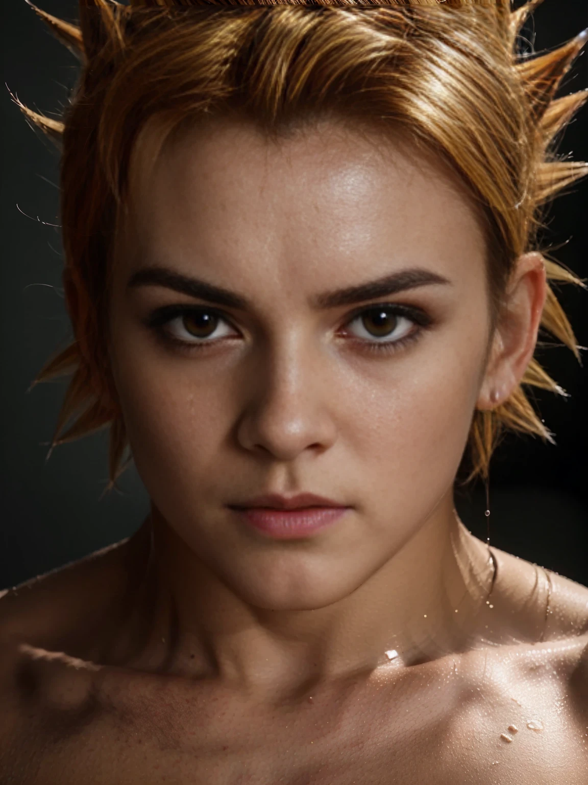 "Create an image of Goku, the iconic character from the Dragon Ball series, in a closeup of his face. Your expression must be very intense and challenging, showing a determined look. Goku must be in his Super Saiyan form, with blonde hair raised in spikes. Add fight scars to your face to give a feel of recent combat. Your eyebrows should be large and pointed, complementing his defiant expression. The scene must be action, transmitting dynamism and tension. The image must have cinematic quality, very realistic and with great detail."
