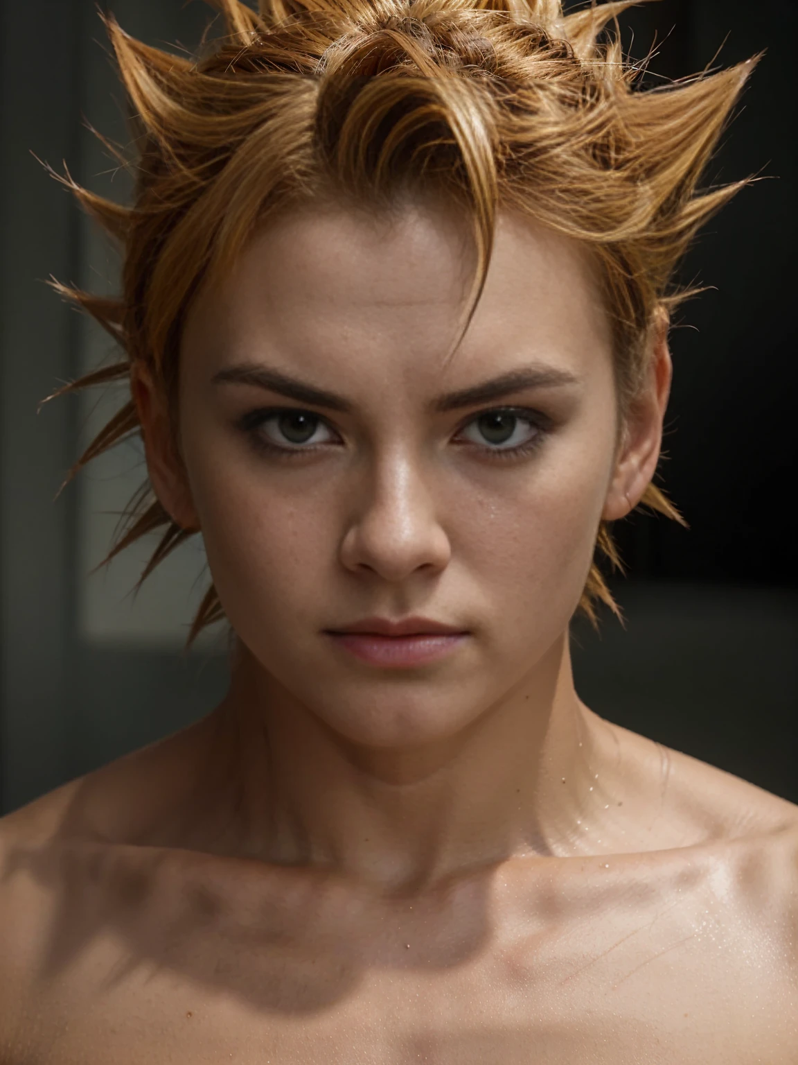 "Create an image of Goku, the iconic character from the Dragon Ball series, in a closeup of his face. Your expression must be very intense and challenging, showing a determined look. Goku must be in his Super Saiyan form, with blonde hair raised in spikes. Add fight scars to your face to give a feel of recent combat. Your eyebrows should be large and pointed, complementing his defiant expression. The scene must be action, transmitting dynamism and tension. The image must have cinematic quality, very realistic and with great detail."