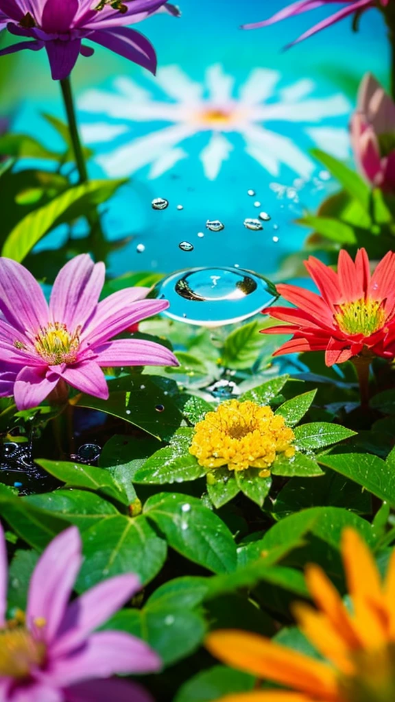 Imagine a vivid close-up, Unusual flowers, The petals spread out in vibrant colors like a kaleidoscope. Dewdrops on the surface reflect the surrounding environment, Make something small, The world reflected in each drop of water. The flowers stand out against a lush, blurry background, Tropical Garden. The scene is brought to life in a vibrant and dynamic digital art style., Inspired by the artistic vision of Luca Martel.